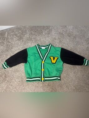 Vintage Baby Varsity Jackrt Green & Black Varsity Emblem Kids Cardigan Jacket 18